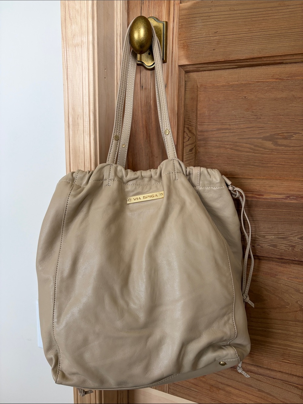 Via Spiga Taupe Leather Drawstring Tote